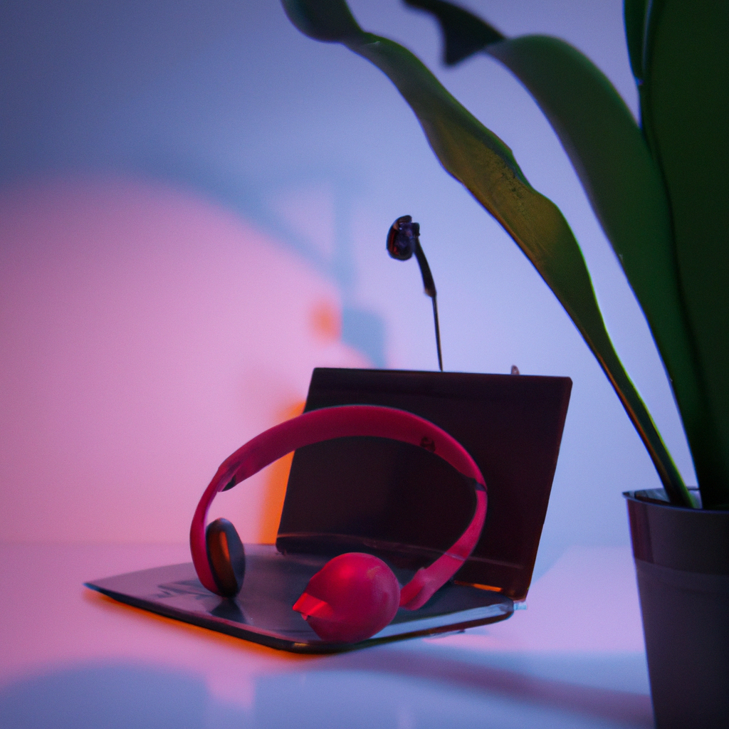 Agente de soporte con auriculares trabajando en laptop, estilo minimalista